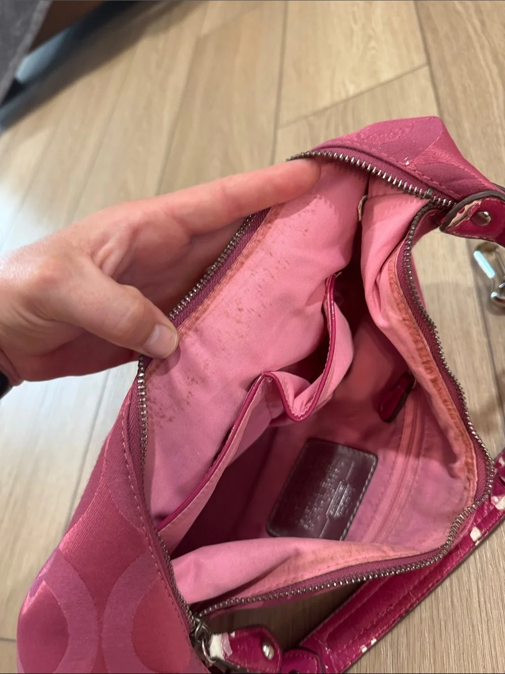 COACH Y2K Distressed Madison Signature Optic Pink Satin Shoulder Hand Bag
